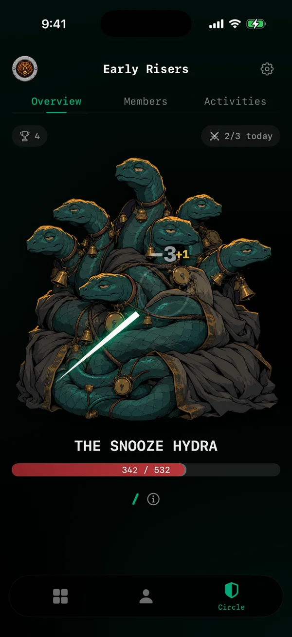 A Circle boss fight: a slash cuts across the boss for 3 damage, plus 1 for your level