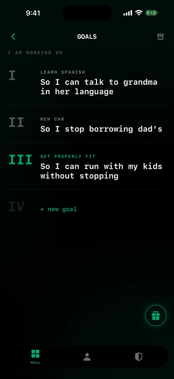 The Goals board: three numbered goals, each led by why it matters