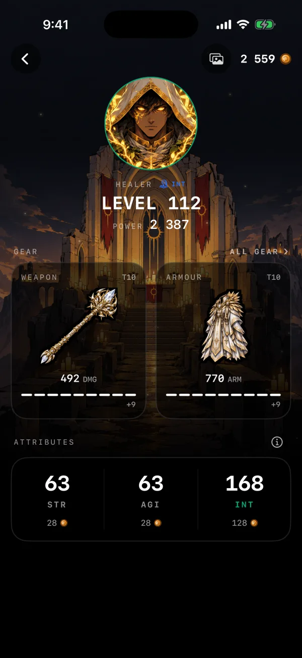 A level 112 Healer with POWER 2,387 and tier 10 gear